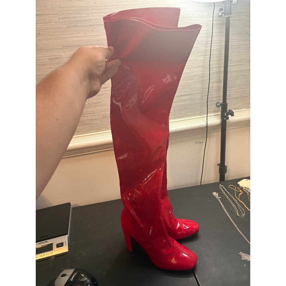Red Patent Faux Leather Thigh High Boots Square Toe Block Heel Womens Size 7